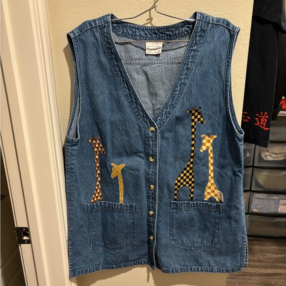 Vintage Tunic-Length Button Down Denim Vest with Giraffe Embroidery Size L - Picture 1 of 4